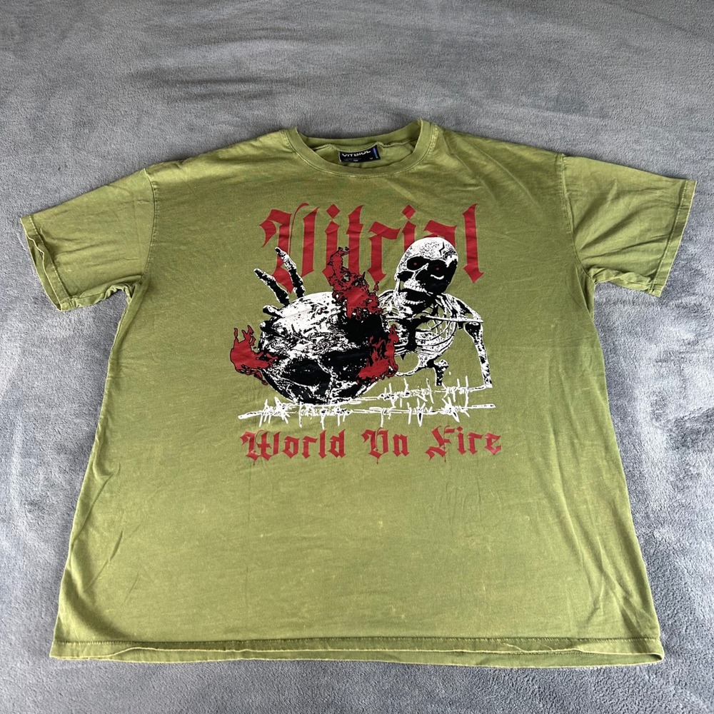 Vitriol World On Fire Graphic T-Shirt Mens L Olive‎ Green Skeleton Goth Street